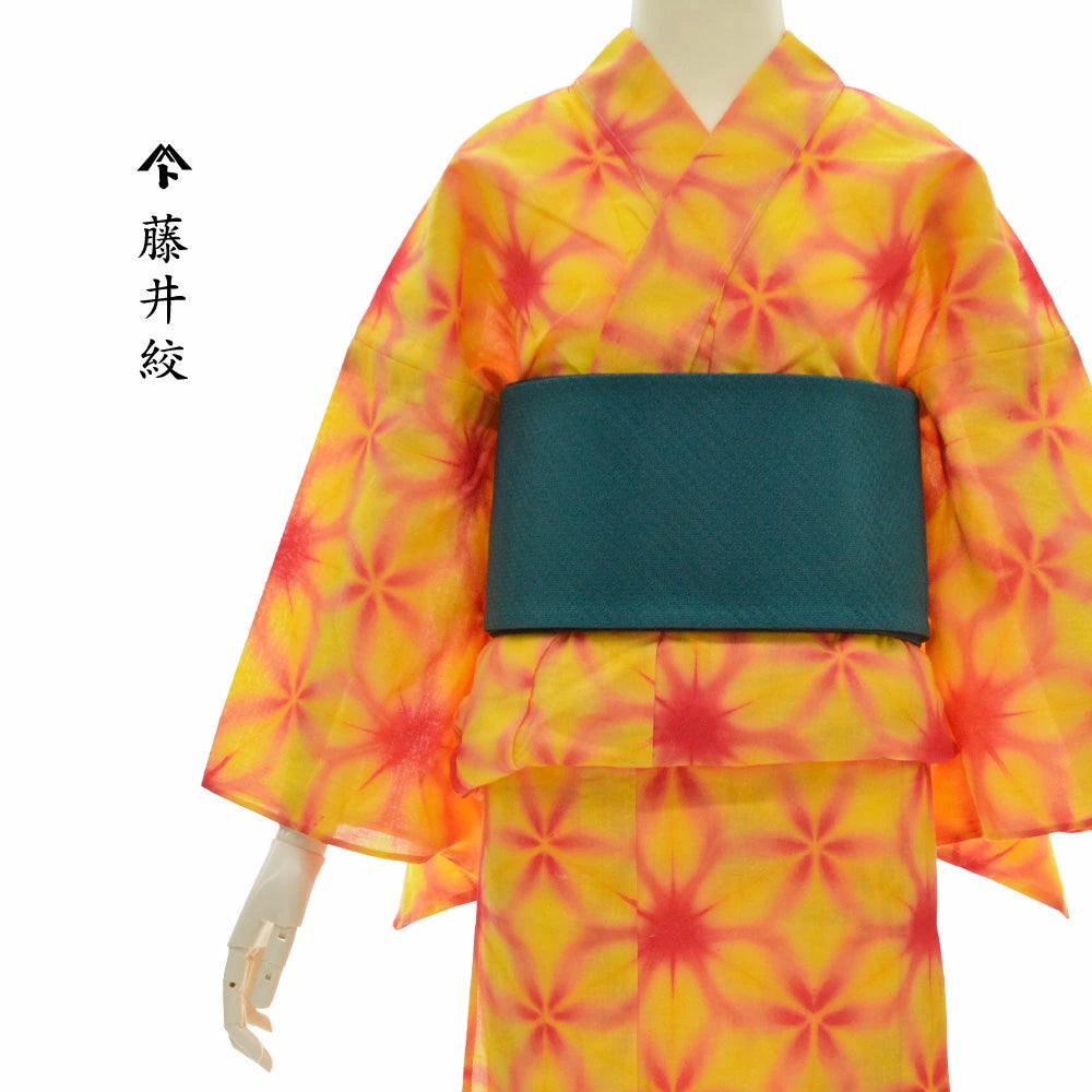 藤井絞 綿麻浴衣 雪花絞 イエロー レッド 【プレタ浴衣】 レディース