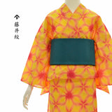 藤井絞 綿麻浴衣 雪花絞 イエロー レッド 【プレタ浴衣】 レディース