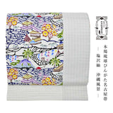 本場琉球びんがた名古屋帯 塩沢紬 沖縄風景 ( 未仕立て )